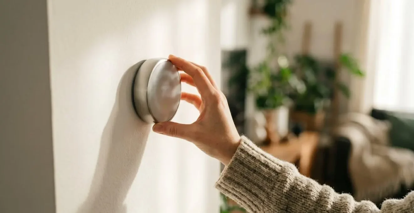 Main ajustant un thermostat connecté moderne sur un mur blanc