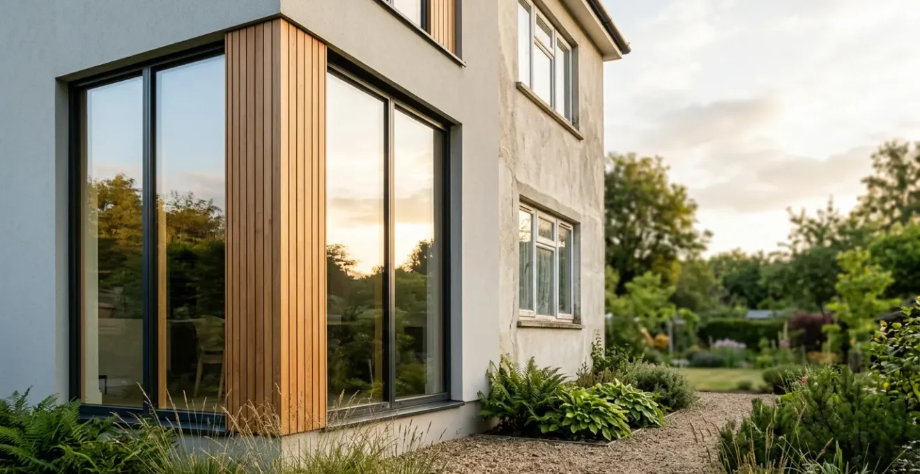 Façade moderne d'une maison avec nouvelles fenêtres mixtes bois-aluminium reflétant la lumière dorée du matin