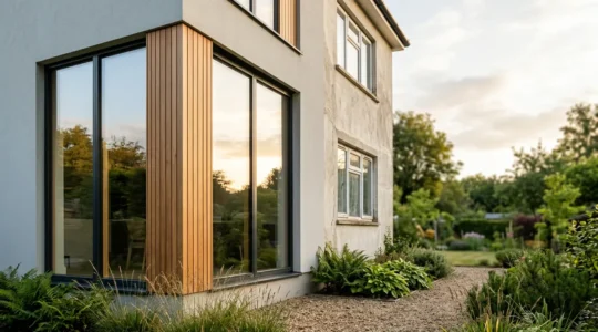 Façade moderne d'une maison avec nouvelles fenêtres mixtes bois-aluminium reflétant la lumière dorée du matin