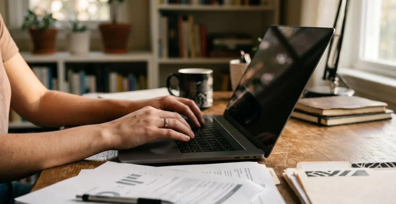 Personne vérifiant la certification RGE d'un artisan sur un ordinateur avec documents officiels