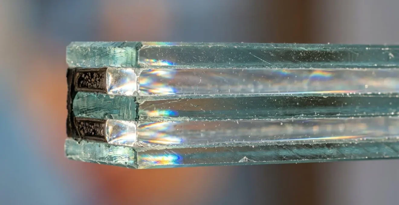 Coupe transversale d'un vitrage asymétrique montrant les trois couches de verre d'épaisseurs différentes