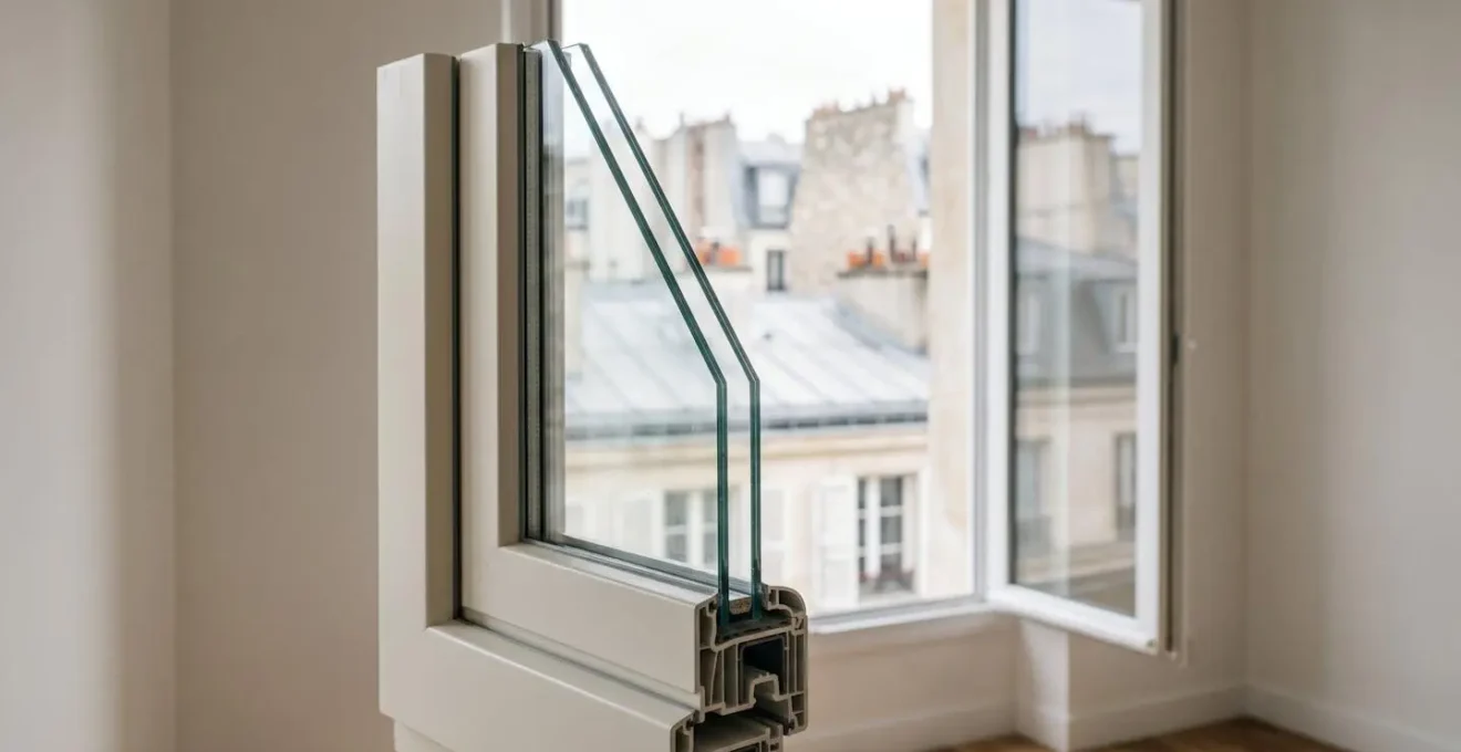 Coupe transversale d'un système de vitrage acoustique asymétrique avec film PVB montrant les différentes épaisseurs de verre