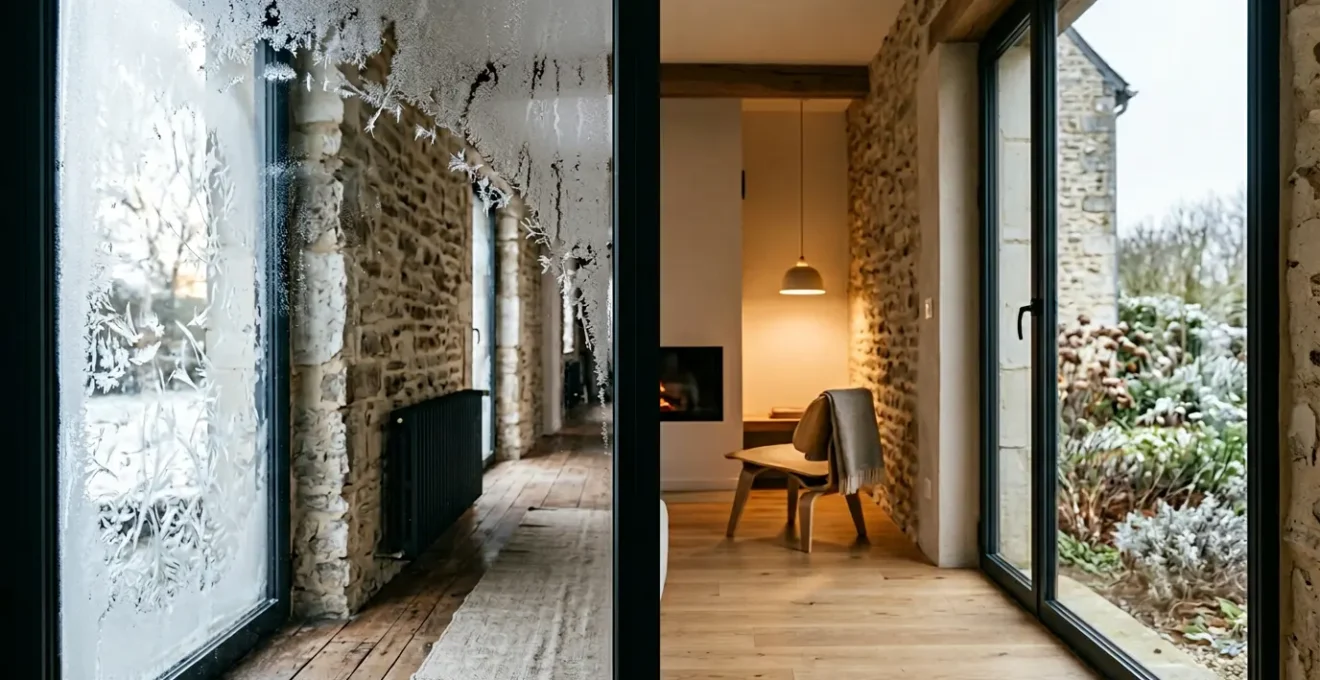 Vue comparative d'une fenêtre moderne avec vitrage isolant dans une maison en rénovation, montrant la différence de performance thermique