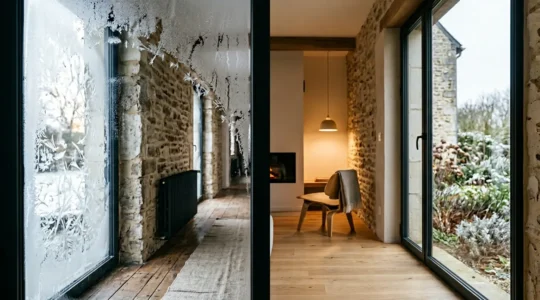 Vue comparative d'une fenêtre moderne avec vitrage isolant dans une maison en rénovation, montrant la différence de performance thermique