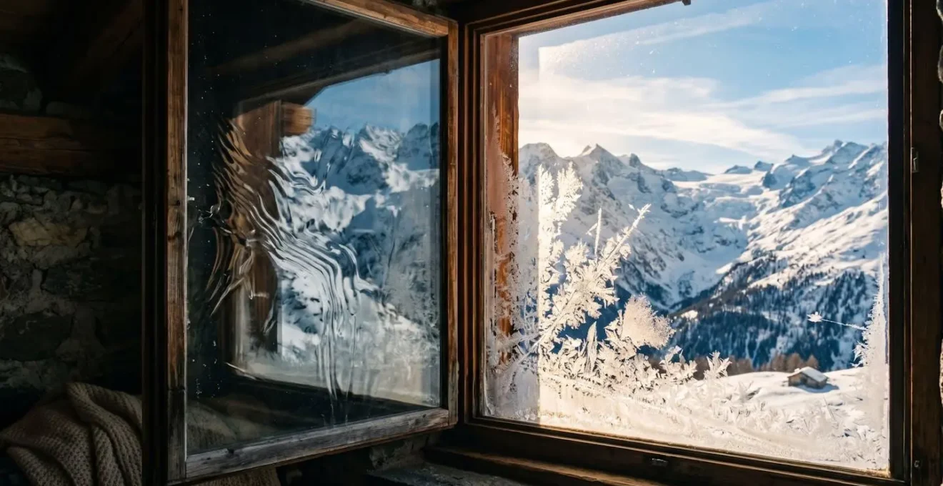 Vitrage de grande dimension en montagne montrant les contraintes thermiques avec givre d'un côté et soleil de l'autre